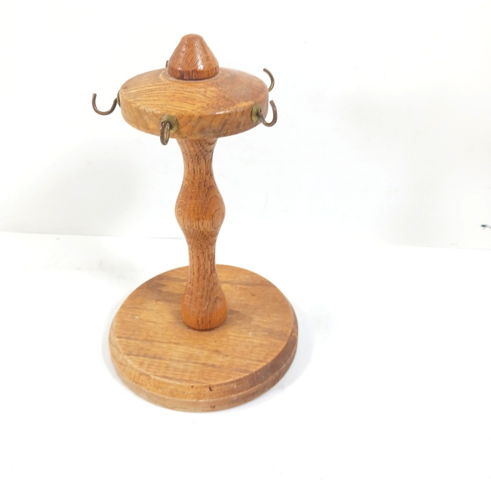Vintage K.C. Park Wooden Jewelry Stand Pedestal 4 Hook Accessory Holder Brown